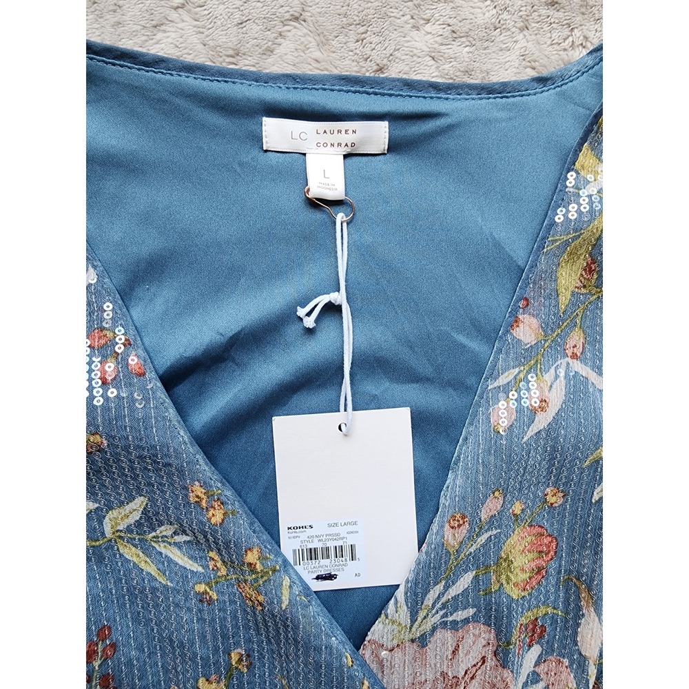 LC Lauren Conrad Floral Sequin Faux Wrap Mini Dress Blue Womens Large - Picture 3 of 7
